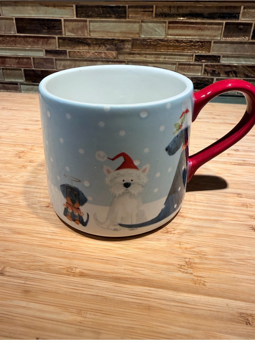 Pier 1 Light Blue Holiday Dog and Snow Mug with Red Handle